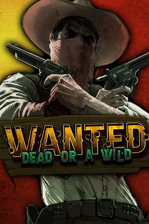 An illustration of an outlaw wearing a cowboy hat and a bandana over his face, holding two revolvers. The game's title is displayed on a wooden sign with bullet holes.